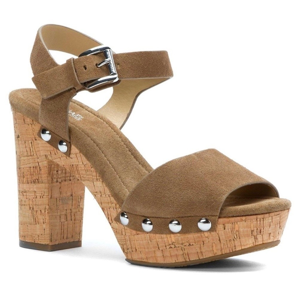 Michael Kors Hayden Platform Sandals 9M Tan Suede Cork Block Heel Studded